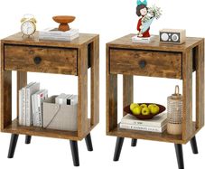 Set of 2 Side Tables, Bedside Table, Sofa End Table, with Fabric Drawers and Open Shelf Unit, Solid Wood Legs, Nightstand, for Bedroom, Living Room, Rustic Brown