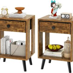 Set of 2 Side Tables, Bedside Table, Sofa End Table, with Fabric Drawers and Open Shelf Unit, Solid Wood Legs, Nightstand, for Bedroom, Living Room, Rustic Brown