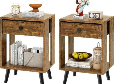 Set of 2 Side Tables, Bedside Table, Sofa End Table, with Fabric Drawers and Open Shelf Unit, Solid Wood Legs, Nightstand, for Bedroom, Living Room, Rustic Brown