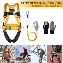 Fall Protection Safety Harness with Dual Lanyard and Double Hooks, Adjustable Full Body Harness for Men, Construction, Climbing, Roofing, Exterior Work, Max Load 100kg, EN 361/354/355 Certified