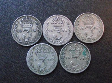 Great Britain George V. 5 Silver coins@3p (1920-1921)