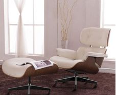 Replica Lounge Chair with Ottoman White Lather Walnut Wood Genuine Leather Chaise for Living Room