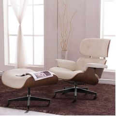 Replica Lounge Chair with Ottoman White Lather Walnut Wood Genuine Leather Chaise for Living Room
