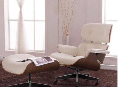 Replica Lounge Chair with Ottoman White Lather Walnut Wood Genuine Leather Chaise for Living Room