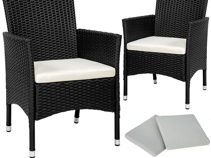 set of 2 poly rattan garden chairs including cushions and 2 cover sets & stainless steel screws | - Various colors - (Black | No. 402122)