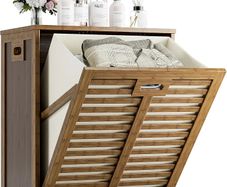 Bamboo Tilt Out Laundry Hamper, Bathroom Storage Cabinet with Hidden Removable Basket and 3 Sides Cutout Handles, Freestanding Kitchen Trash Can Cabinet, Walnut