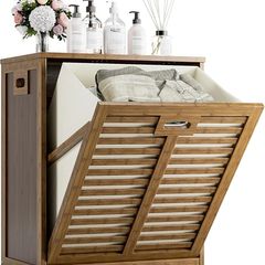 Bamboo Tilt Out Laundry Hamper, Bathroom Storage Cabinet with Hidden Removable Basket and 3 Sides Cutout Handles, Freestanding Kitchen Trash Can Cabinet, Walnut