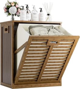 Bamboo Tilt Out Laundry Hamper, Bathroom Storage Cabinet with Hidden Removable Basket and 3 Sides Cutout Handles, Freestanding Kitchen Trash Can Cabinet, Walnut
