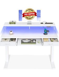Height Adjustable Desk, 120cm Electric Standing Desk with Drawers, Sit stand up Table with Keyboard Tray, Office Table with Sockets and LED Light, Monitor Stand, White
