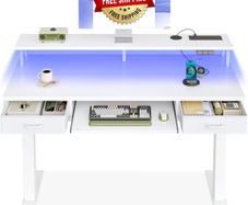Height Adjustable Desk, 120cm Electric Standing Desk with Drawers, Sit stand up Table with Keyboard Tray, Office Table with Sockets and LED Light, Monitor Stand, White