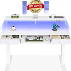 Height Adjustable Desk, 120cm Electric Standing Desk with Drawers, Sit stand up Table with Keyboard Tray, Office Table with Sockets and LED Light, Monitor Stand, White
