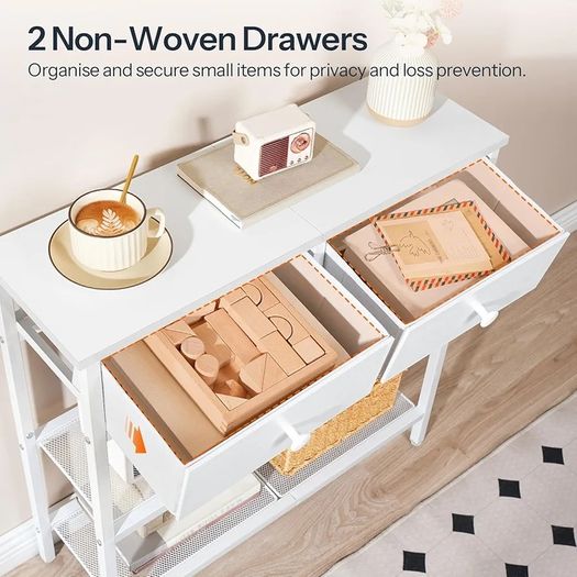 Console Table, Slim Console Table with 2 Non-woven Drawers, Hallway Table with Storage, Slim Sofa Table for Small Spaces, Living Room, White