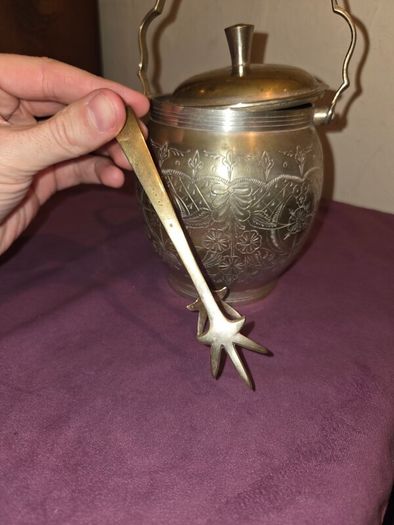 Antique silver plate sugar bowl with tongs