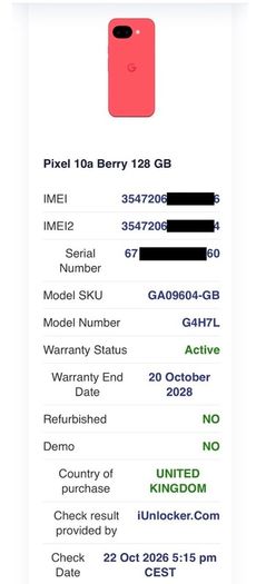 New Pixel 10a - BERRY 128GB- Google Phone