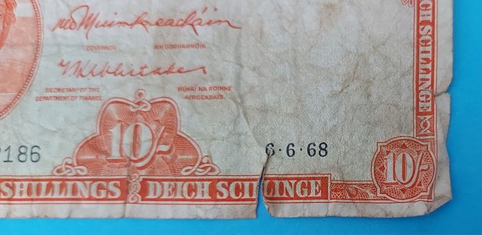 Irish 1968 Lavery ten shilling banknote in used condition
