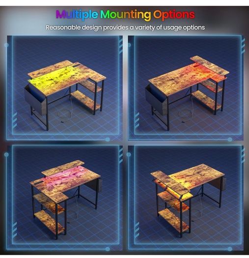 L Shaped Gaming Desk with LED Lights & Power Outlets, 120x80cm