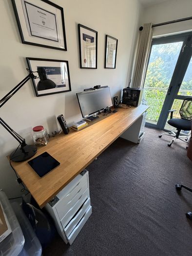Large wooden desk with Ikea Alex drawers