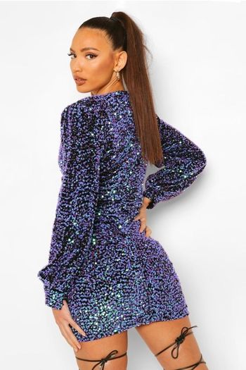 Tall Sequin Balloon Sleeve Plunge Mini Dress