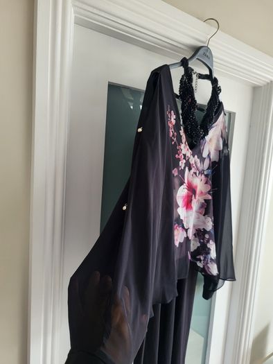 WALLIS Black floral cape layered dress Sz 12