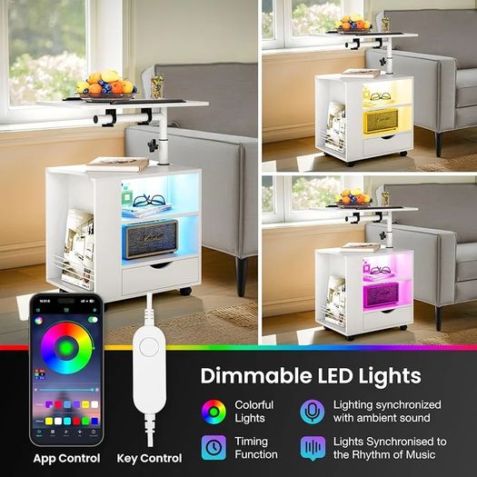 Bedside Table with LED Lights, Nightstand with Height Adjustable, Side Table with Drawer & Open Shelf, Bedside Cabinet Movable with Magazine Rack, for Bedroom, Living room, Office, White