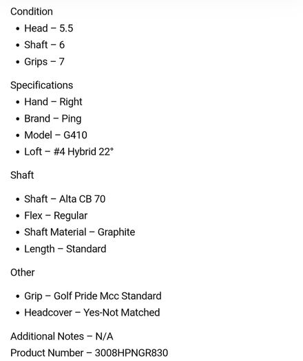 Ping G410 Hybrid / #4 22 Degree / Alta CB 70 Regular