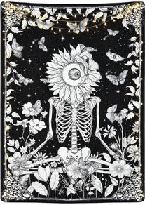 Skull Flower Tapestry Meditation Skeleton Tapestries Floral Vine Starry Night Sky Butterflies Tarot Wall Hanging for Room Decor (MULTIPLE SIZES)