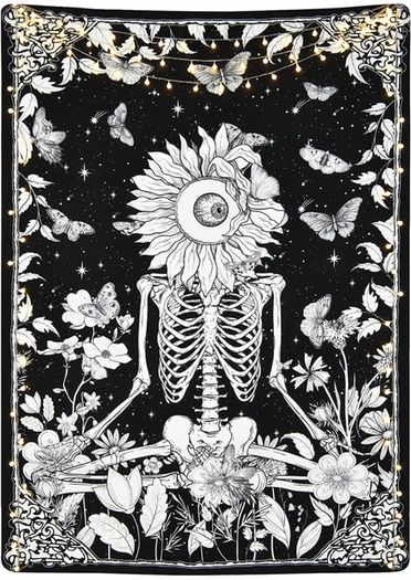 Skull Flower Tapestry Meditation Skeleton Tapestries Floral Vine Starry Night Sky Butterflies Tarot Wall Hanging for Room Decor (MULTIPLE SIZES)