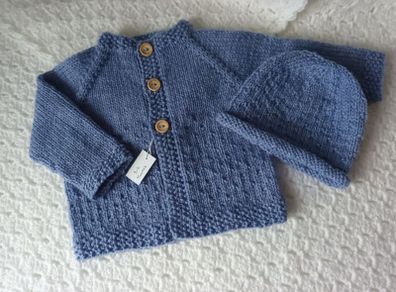Hand Knit Baby Cardigan & Hat Set: 3-6 Months