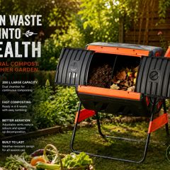 200L Dual Chamber Rotating Compost Bin Garden Composter Tumbler Outdoor Composting Drum with Crank Handle