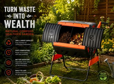 200L Dual Chamber Rotating Compost Bin Garden Composter Tumbler Outdoor Composting Drum with Crank Handle