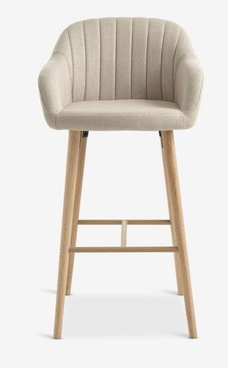 4 beige dining chairs and 2 counter stools