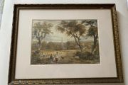Unsigned Antique 19th century English school watercolour pastoral Landscape with church spire and figures