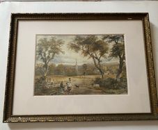 Unsigned Antique 19th century English school watercolour pastoral Landscape with church spire and figures