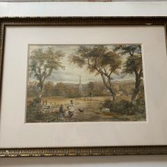 Unsigned Antique 19th century English school watercolour pastoral Landscape with church spire and figures