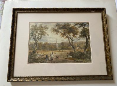Unsigned Antique 19th century English school watercolour pastoral Landscape with church spire and figures
