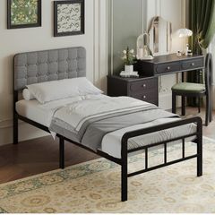 3ft Single Bed Frame with Upholstered Headboard and Footboard, 36cm High