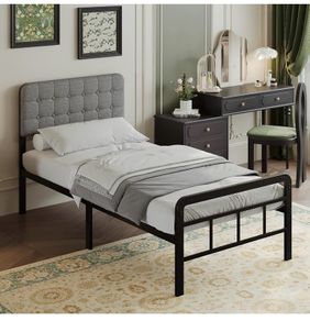 3ft Single Bed Frame with Upholstered Headboard and Footboard, 36cm High