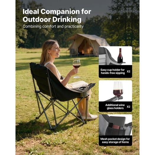 Oversized Camping Chairs, 204 kg Heavy Duty Support, Portable Padded Folding Camp Chairs with Dual Cup Holders & Wine Glass Holders, Carry Bag for Outdoor, Fishing, Black & Gray, 1 Pack