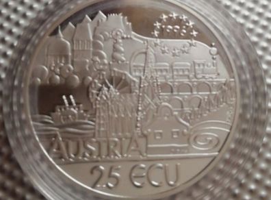 1996 Austria Wolfgang Amadeus Mozart Silver proof 25ecu coin. Official commemorative collection