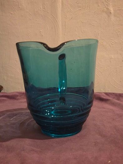 1950's Stepped Ring Base Teal Blue Glass Jug - Made in England