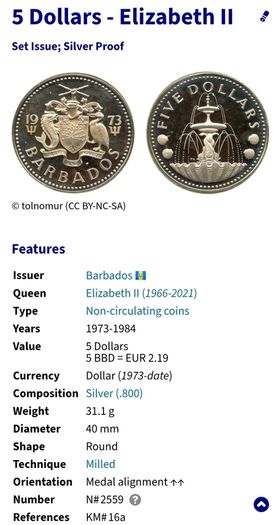 Barbados 1973 Silver Proof Five 5 Dollars