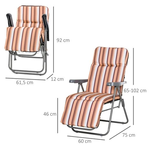 Set of 2 Garden Sun Lounger Outdoor Reclining Seat Cushioned Seat Foldable Adjustable Recliner, Orange and White