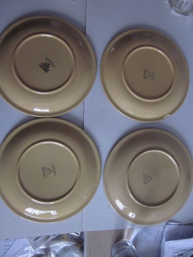 Vintage  1970s Granville design TG Green retro stoneware glazed plates. The plates are as follows- six 10.5" plates (4 in very good condition; 2 have very minor scrapes)--six 9.5" plates ( 3 in very good condition ; 1 chip on base; 2 marks on front and ch