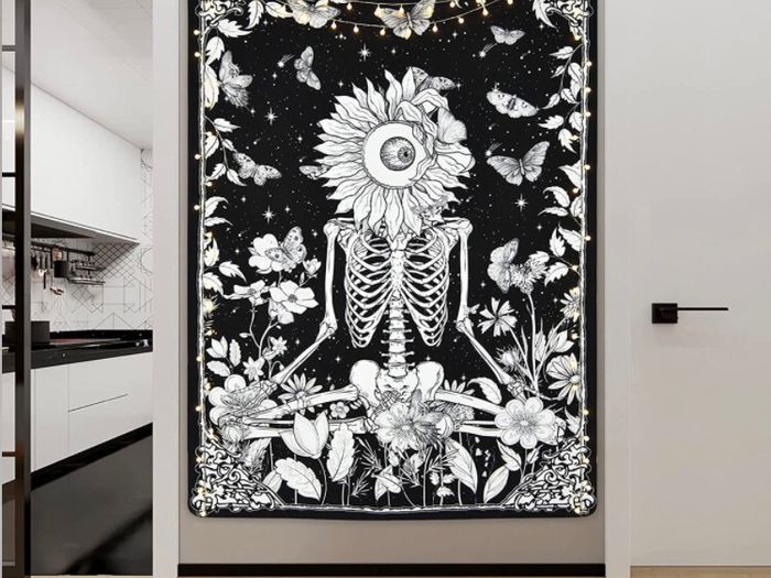 Skull Flower Tapestry Meditation Skeleton Tapestries Floral Vine Starry Night Sky Butterflies Tarot Wall Hanging for Room Decor (MULTIPLE SIZES)