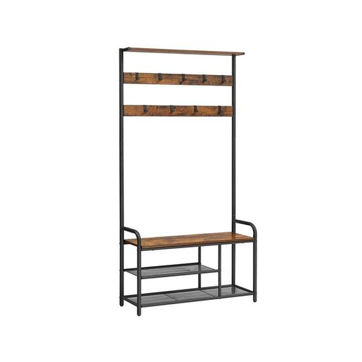 Hallway Coat Rack with Bench & Shoe Storage 9 Hooks Industrial Coat Stand