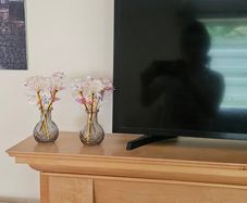8 small roses in two grey vases