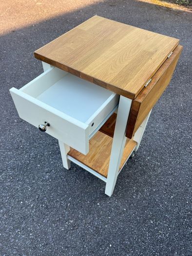 Solid Wood Drop-Leaf Side Table / Kitchen Trolley with Drawer & Shelves