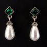 Vintage Style Emerald Stone Pearl Silver Earrings Image 2