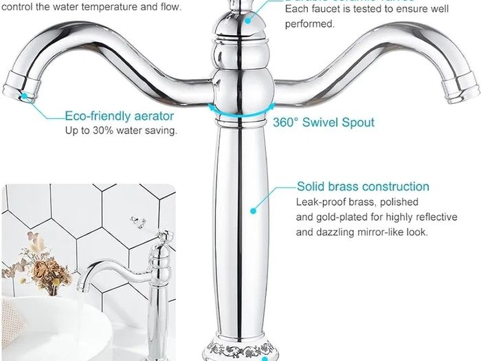 Bathroom Basin Mixer Tap, Mono High Rise Tap for Counter top Basin, Tall Traditional Sink Faucet with Ceramic Lever, Washroom Classic Taps, 360 Swivel, Retro Style, Brass, Chrome