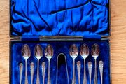 Cased Set Of Antique Teaspoons And Sugar Tongs